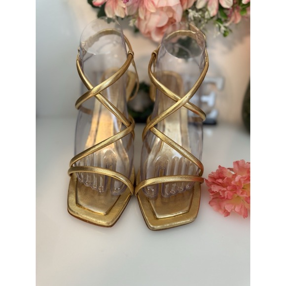 Schutz Womens Lovi Metallic Gold Tone Leather Strappy 4.5" Square Heels Sz 7.5B - Picture 13 of 16